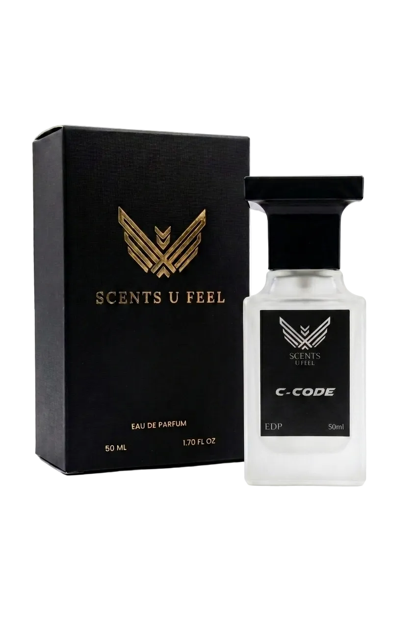 Perfume bottle and packaging of 'Scents U Feel' on a white background