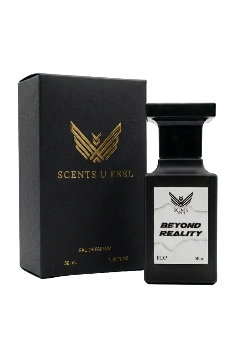 Black perfume bottle and packaging with 'Scents U Feel' branding on a white background