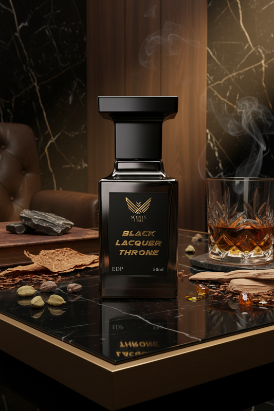 Perfume bottle labeled 'Black Lacquer Throne' on a white background