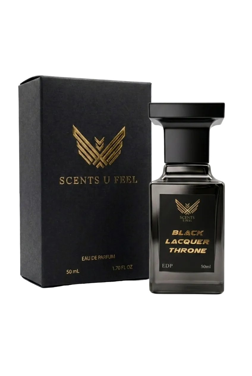 Black perfume bottle and packaging with 'Scents U Feel' branding on a white background