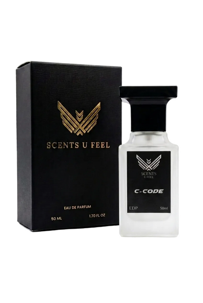 Perfume bottle and packaging of 'Scents U Feel' on a white background