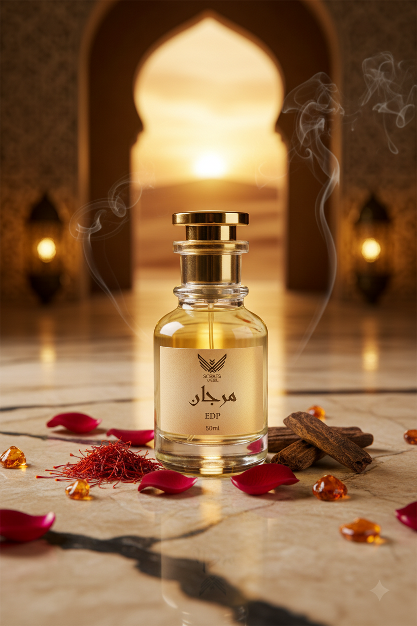 Perfume bottle with gold cap and beige label on a white background