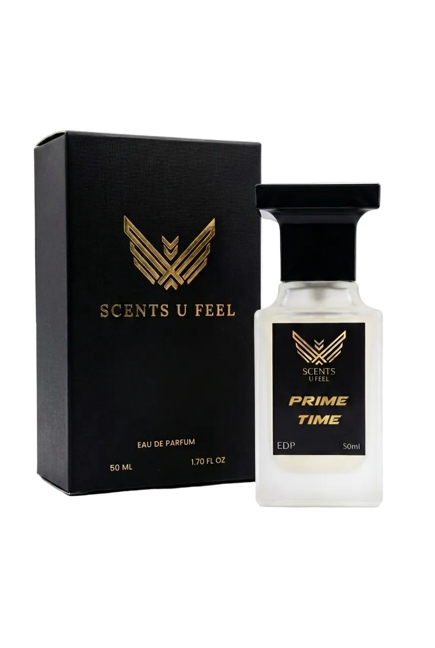 Perfume bottle and packaging of 'Scents U Feel' on a white background