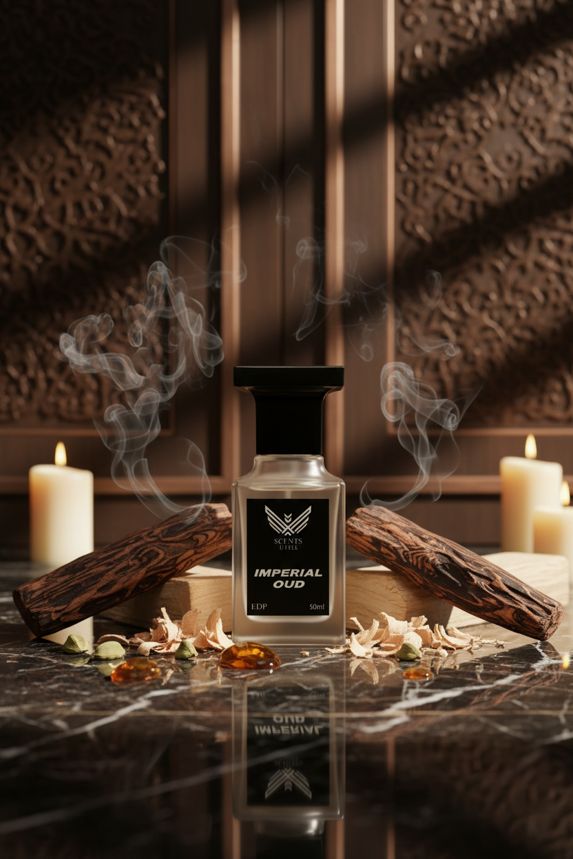 White perfume bottle labeled 'Imperial Oud' with a black cap on a white background