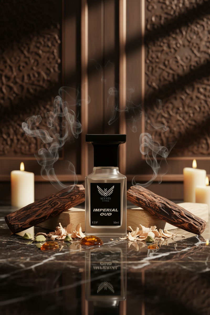 White perfume bottle labeled 'Imperial Oud' with a black cap on a white background