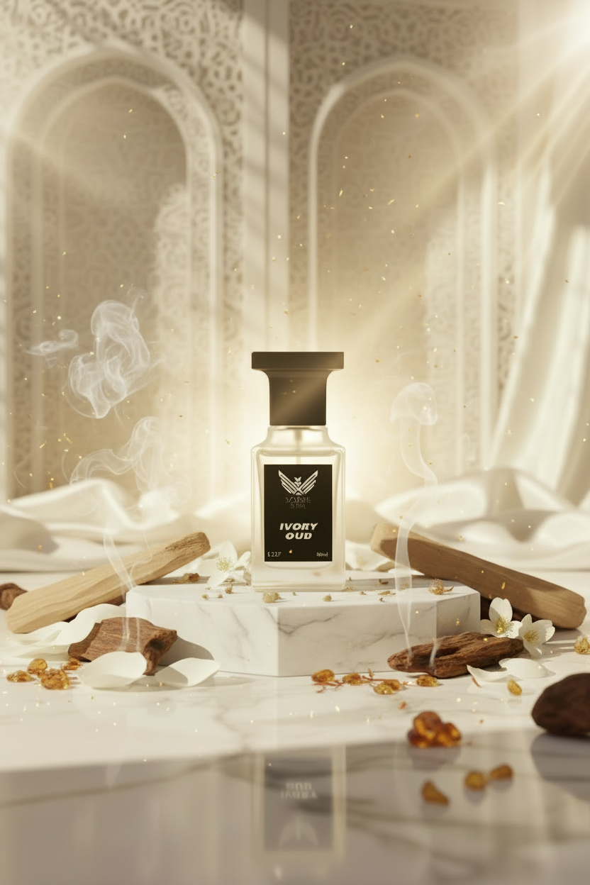 Perfume bottle labeled 'Ivory Oud' by Scents of Life on a white background