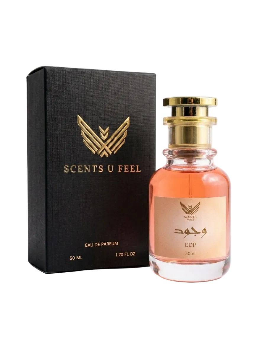 Perfume bottle and packaging with 'Scents U Feel' branding on a light gray background