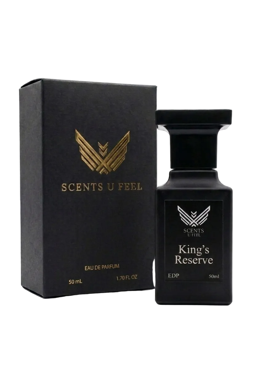 Black perfume bottle and packaging with 'Scents U Feel' branding on a white background