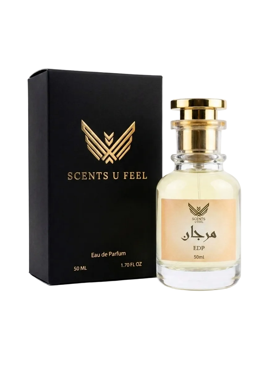 Perfume bottle and packaging with 'Scents U Feel' branding on a white background