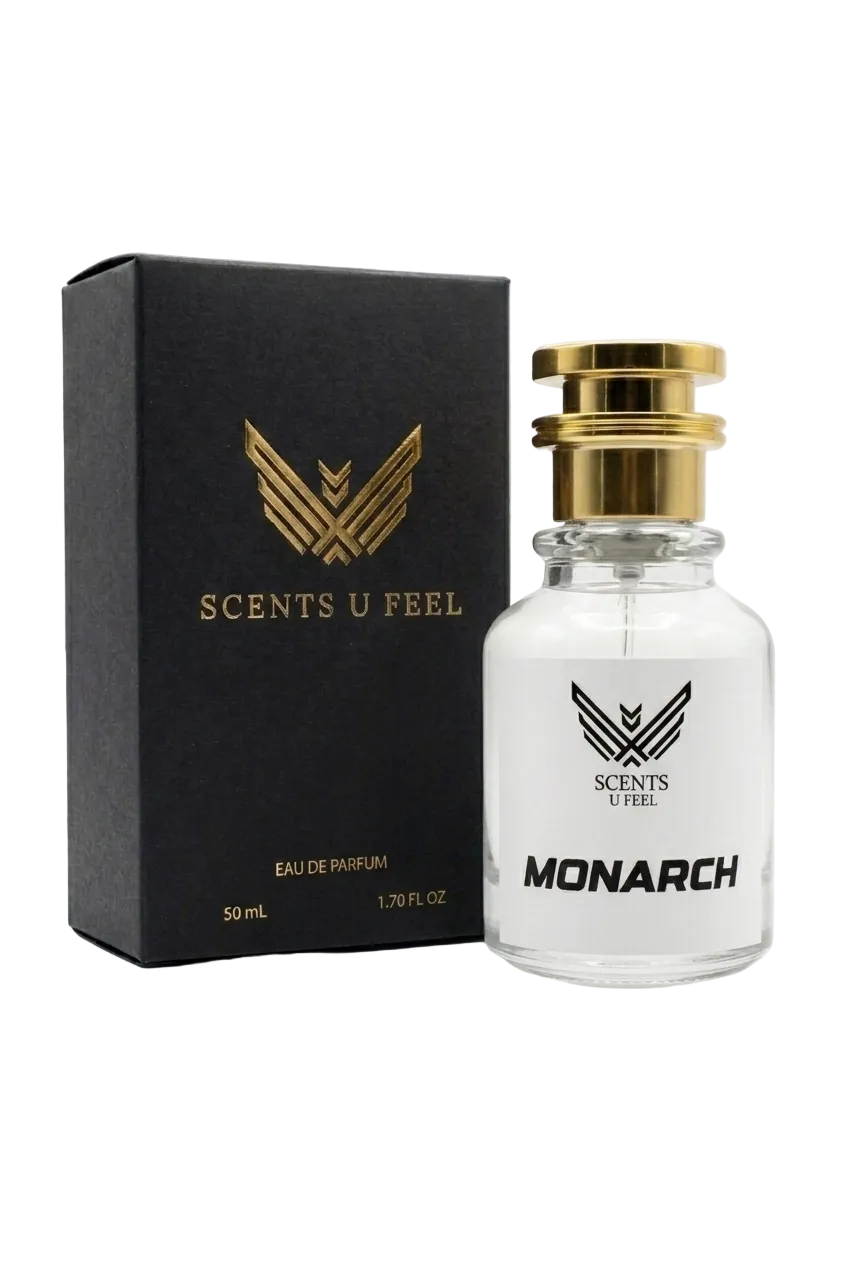 Perfume bottle and packaging with 'Scents U Feel' branding on a white background