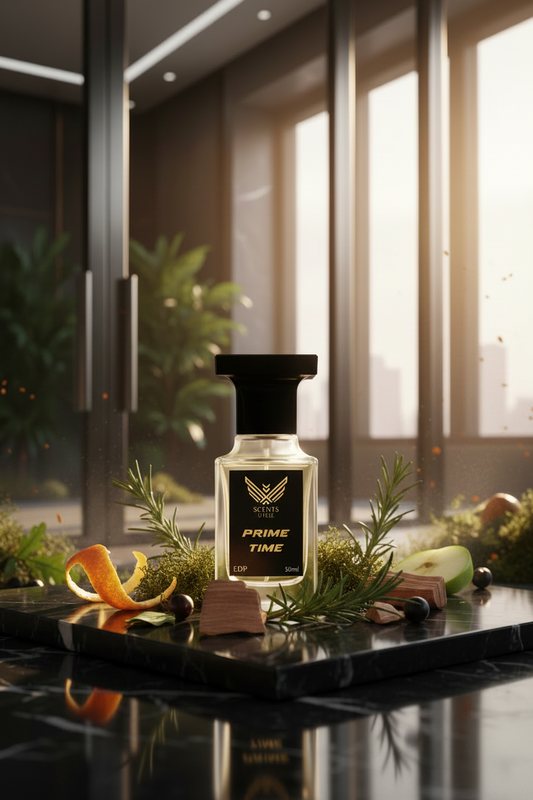 Perfume bottle labeled 'Prime Time' by Scents of Steel on a white background