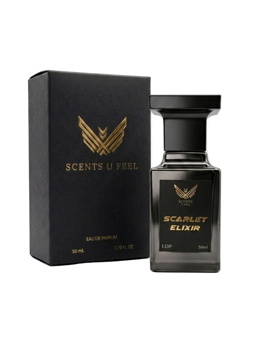Black and gold perfume bottle and packaging with 'Scents U Feel' branding on a white background