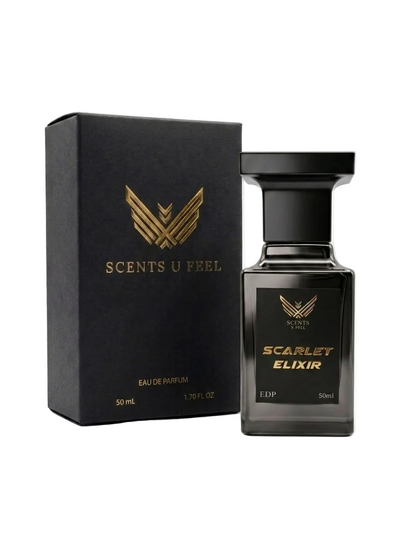 Black and gold perfume bottle and packaging with 'Scents U Feel' branding on a white background
