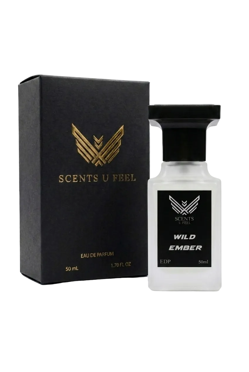 Perfume bottle and packaging of 'Scents U Feel' Wild Ember on a white background